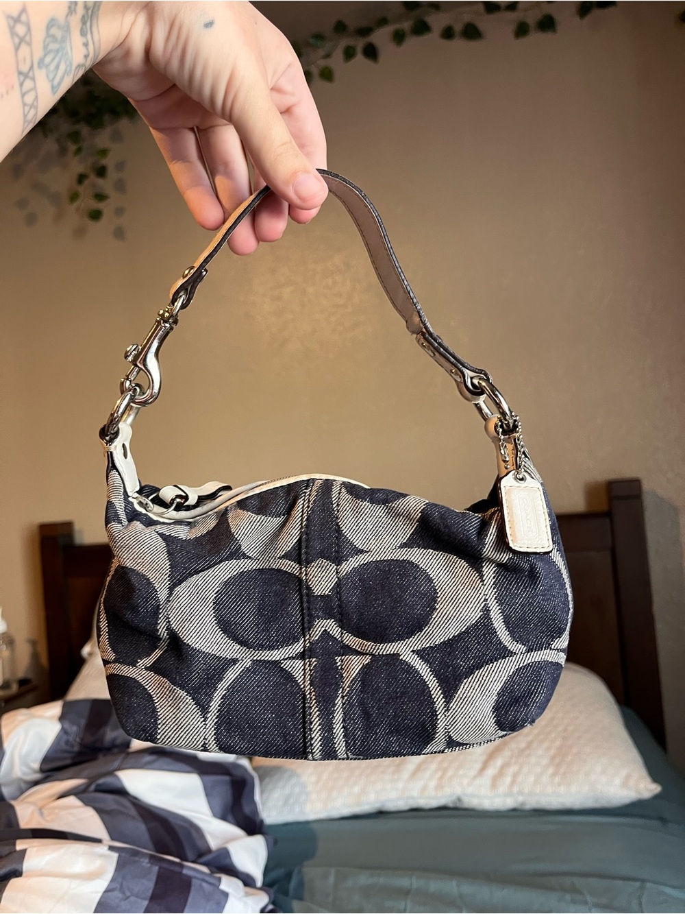 Coach Denim Canvas Shoulder Bag in Black and Cream